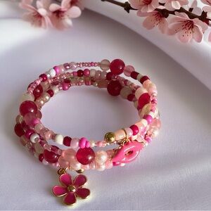 Hand Crafted Pink Floral Multi-Strand Beaded Wrap Bracelet